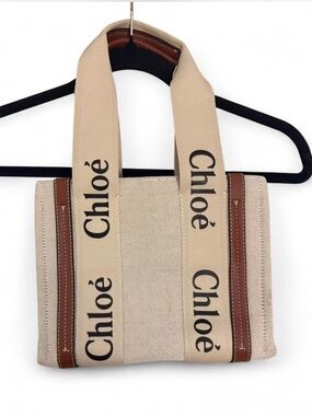 Chloé Beige Canvas Tote with Brown Leather Trim and Black Logo